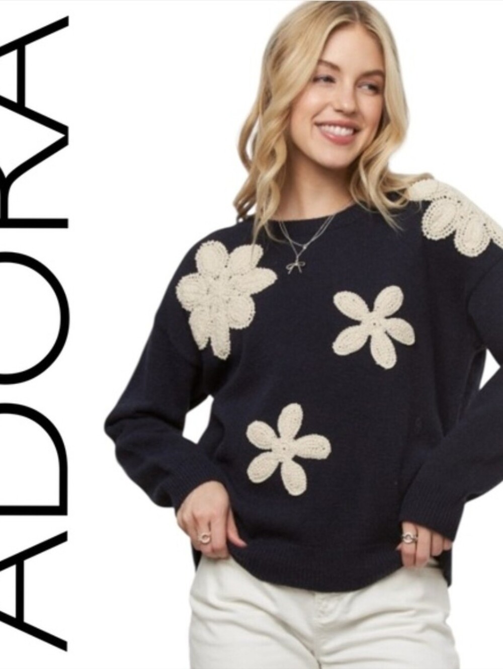NWOT ADORA NAVY BLUE SWEATER Cream Embroidered Appliques Large